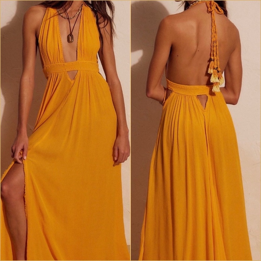 Free People Look Into The Sun Maxi Dress XS Orange Halter Boho Tassel Vacation